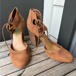 Fig and Ivy brown block heel pumps with ankle lace ups